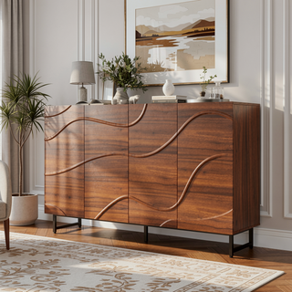 Sunvega Wave Relief Design Wood Sideboard with Iron Legs for Living Room Storage