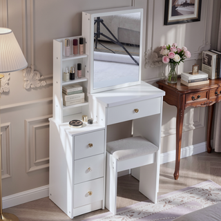 Sunvega Small Space Left Bedside Cabinet Vanity Table with Cushioned Stool and Sliding Mirror