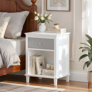 Sunvega White and Golden Kids Wooden Nightstand with One Drawer and Shelf