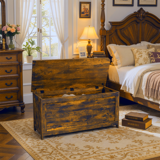 Sunvega Rustic Brown Wooden Storage Chest with Safety Hinges and Side Handles