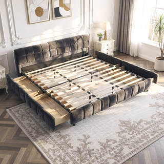 Sunvega Modern King Size Upholstered Bed with Storage Drawers and Soft Chenille Fabric