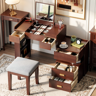 Sunvega 3-in-1 Makeup Vanity Desk with Flip-Top Mirror LED Lighting and Ample Drawers