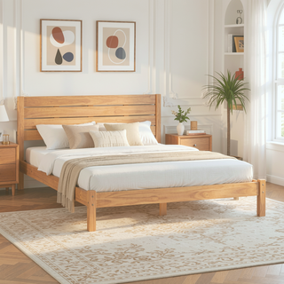 Sunvega Minimalist Boho Queen Bedframe with Slatted Headboard in Natural Pine