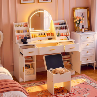 Sunvega Makeup Vanity with Sliding Mirror, LED Lights, Storage Stool, and Charging Station