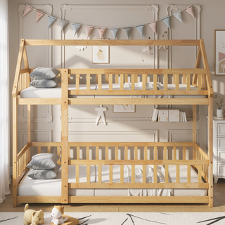 Sunvega Twin Size Wooden Floor Bed with Roof Frame and Safety Guardrails in Grey