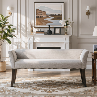Sunvega Upholstered Cream Accent Bench with Padded Back and Flared Arms