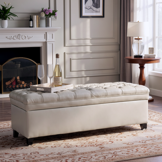 Sunvega Blue Fabric Storage Ottoman with Birch Legs for Living Room Seating
