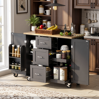 Sunvega Rolling Kitchen Island with Storage Cart, 3 Drawer and Slide-Out Shelf Design