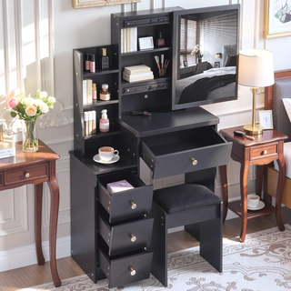 Sunvega Small Size Left Bedside Vanity Table with Cushioned Stool and Touch LED Mirror