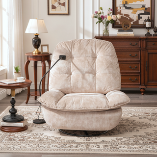 Sunvega Ivory Gold-Stamped Velvet Recliner with Swivel Gliding Rocking and Mobile Phone Holder
