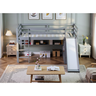 Sunvega Grey Twin Low Loft Bed with Slide, Ladder, and Safety Guardrails