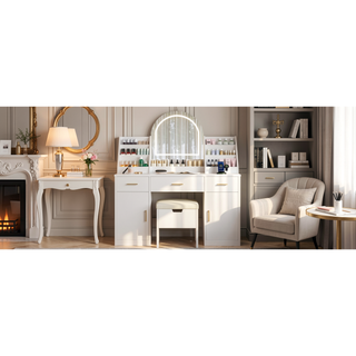 Sunvega Makeup Vanity with Sliding Mirror, LED Lights, Storage Stool, and Charging Station