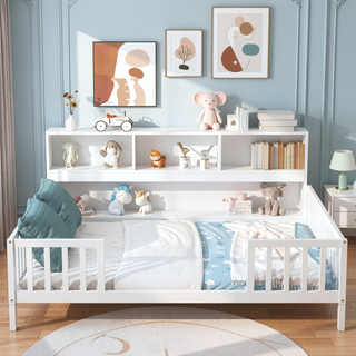Sunvega Twin Floor Bed with Bedside Bookcase Guardrails and Shelves in Grey