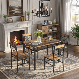 Sunvega Compact Rustic Brown Wood Kitchen Dining Table Set for 4 with Chairs