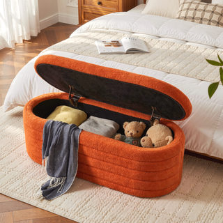 Sunvega Modern Oval Upholstered Boucle Teddy Fabric Storage Ottoman Bench with Safety Hinge