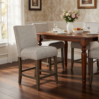 Sunvega Gray and Brown Fabric Upholstered Wooden Counter Stool with Nail Head Trims