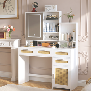 Sunvega Makeup Vanity with 3 Color Lights Openable Mirror 4 Drawers Rattan Dresser
