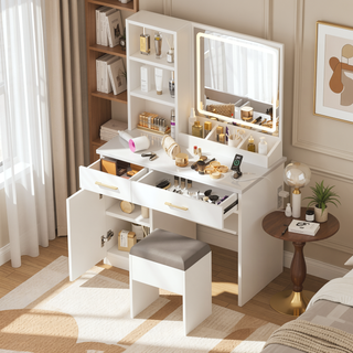Sunvega White Glass Top Vanity Desk with 10 Drawers and Lighted Mirror