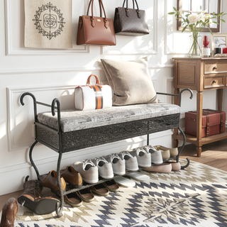 Sunvega Upholstered Entryway Bench with Open Undershelf for Shoe Storage
