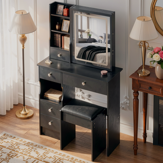 Sunvega Small Size Left Drawer Desktop Vanity Table with Cushioned Stool and Adjustable LED Mirror