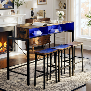 Sunvega 59 Inch Sofa Table with Power Outlet LED Light and 3 Saddle Stools