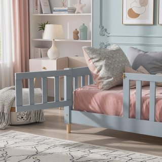 Sunvega Natural Rubber Wood Twin Size Floor Bed with Safety Guardrails and Door