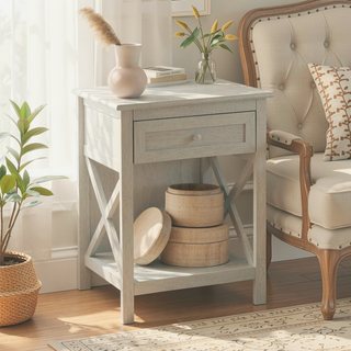 Sunvega Antique White Veneer Transitional End Table with Drawer and Shelf