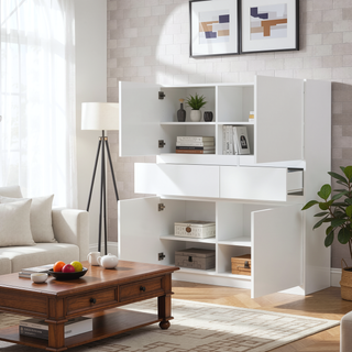 Sunvega White Wooden Storage Cabinet with 4 Doors and 2 Drawers for Living Room