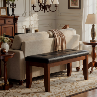 Sunvega Dark Oak Finish Wooden Bench with Faux Leather Upholstered Seat