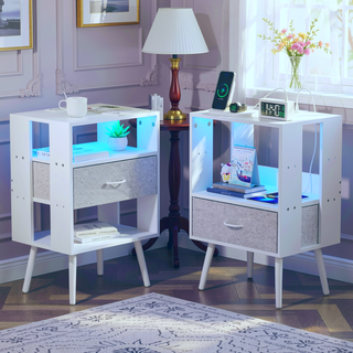Sunvega 2 Pack Modern Nightstand with USB Charging Station and Remote Control LED Light