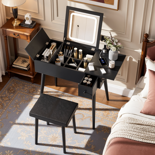 Sunvega 27.9" Black Makeup Vanity Desk with Flip Top LED Mirror and Charging Station