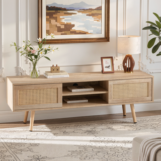 Sunvega Rattan Woven Coffee Table with Sliding Door Storage and Solid Wood Legs