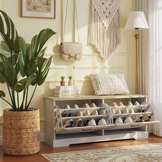 Sunvega Antique White Modern Entryway Shoe Storage Bench with 2 Flip Drawers