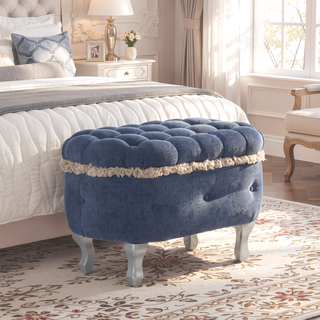 Sunvega Orange Upholstered Button-Tufted Storage Ottoman Bench with Fringe for Bedroom