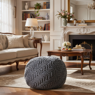 Sunvega Handmade Knit Weave Round Pouf from Recycled PET Yarn for Indoor Outdoor