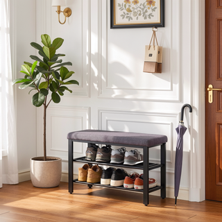 Sunvega 3-Tier Entryway Shoe Rack Bench with Comfortable Linen Cushion and Metal Mesh Shelves