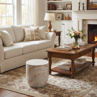 Sunvega Lightweight Concrete Barrel Side Table with Travertine Finish for Indoor Outdoor