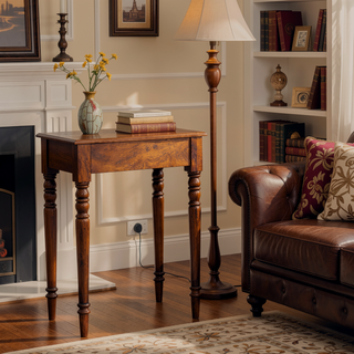 Sunvega Solid Mango Wood Writing Desk with Chestnut Finish and Hand-Carved Flute Legs