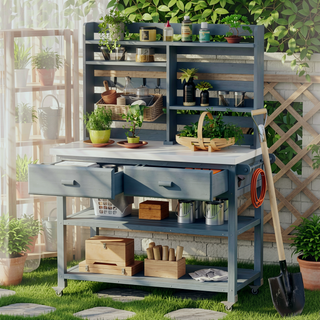 Sunvega Fir Wood Outdoor Potting Bench with Stainless Steel Top and Lockable Wheels