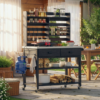 Sunvega Fir Wood Outdoor Potting Bench with Stainless Steel Top and Lockable Wheels