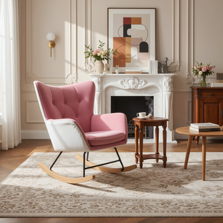 Sunvega Mid Century Patchwork Linen Fabric Rocking Chair with Ottoman for Livingroom Bedroom