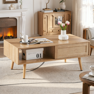 Sunvega Rattan Woven Coffee Table with Sliding Door Storage and Solid Wood Legs