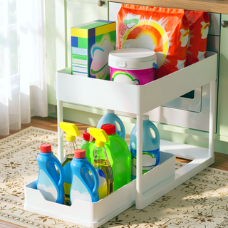 Sunvega White Two-Tier Extendable Sink Shelf for Maximizing Cabinet Storage Space