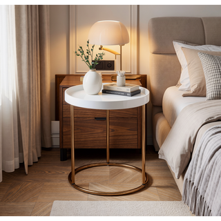 Sunvega Mid-Century White Lipped Edge Side Table with Copper Metal Legs