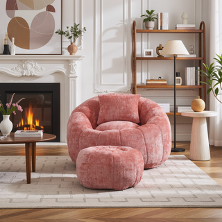 Sunvega Modern Pumpkin Shape Bean Bag Chair with Ottoman for Living Room