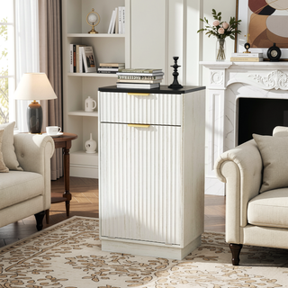 Sunvega Woodgrain Tilt-Out Trash Can Cabinet with Hideaway Drawer and Pull-Out Bin