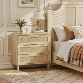 Sunvega Modern Oak Rattan Storage Cabinet with 3 Deep Drawers for Bedroom Living Room