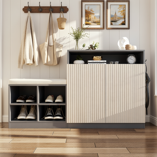 Sunvega Entryway Cabinet with Shoe Bench, 3-Tier Adjustable Shelves and Wavy Slatted Door