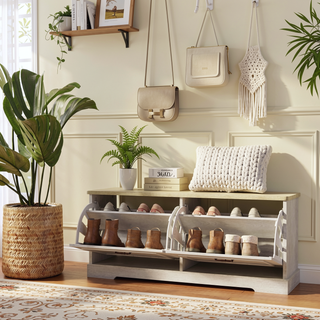Sunvega Antique White Modern Entryway Shoe Storage Bench with 2 Flip Drawers