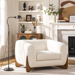 Sunvega Modern Puffy Platform Bed with Arched Headboard in Ivory White Boucle